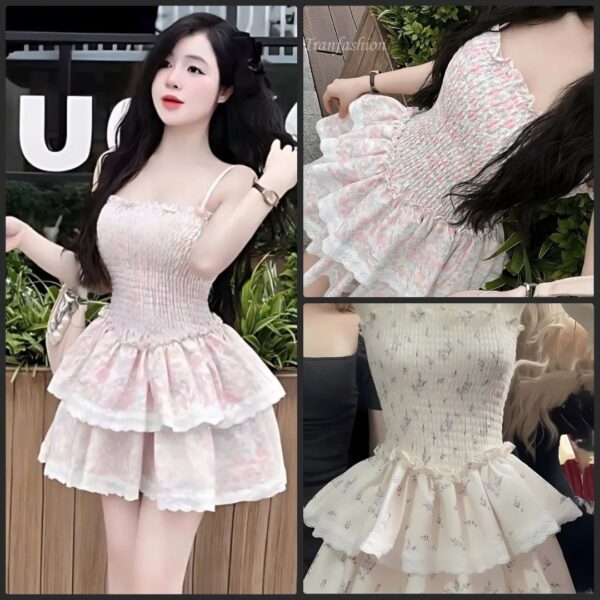 Đầm váy nữ áo 2 dây cổ vuông mocking thân trước thân sau kèm chân váy ngắn lụa in 3D phối ren 2 tầng xoè xếp ly có lót quần xinh xắn dành cho nàng diện đi chơi, đi biển
