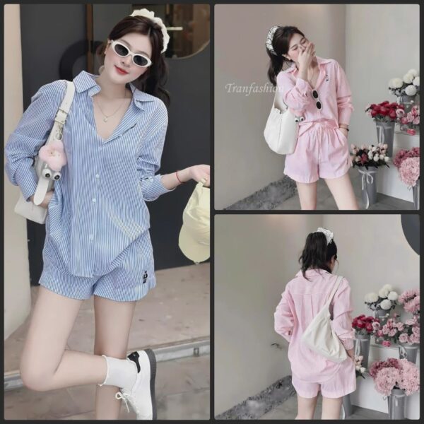 Set đồ nữ áo sơ mi tay dài kèm quần đùi sọc thêu gấu xinh xắn dành cho nàng diện đi chơi