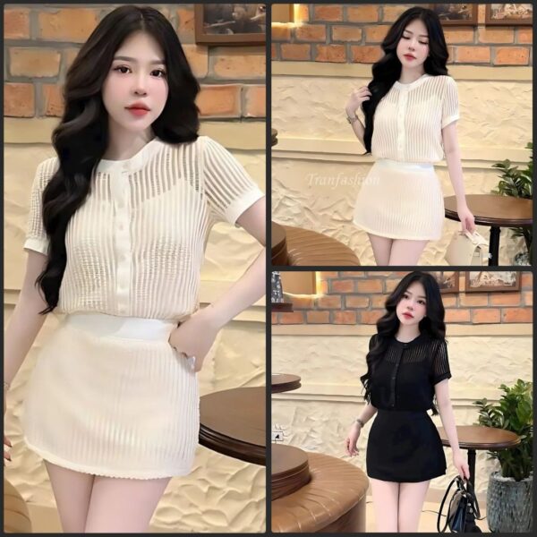 Set đồ nữ áo ren cổ tròn có áo lót trong kèm chân váy ngắn 3 lớp lót có quần trong xinh xắn dành cho các nàng diện đi chơi