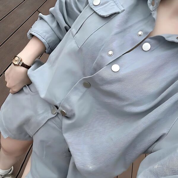 Set đồ nữ cotton lạnh áo sơ mi cúc bấm kèm quần đùi cá tính dành cho nàng diện đi chơi - Hình ảnh 2