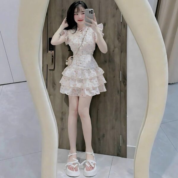 Đầm váy nữ đầm xốp hoa nút bọc phối chân váy xoè xếp ly 3 tầng có lót quần xinh xắn dành cho nành diện đi chơi - Hình ảnh 2