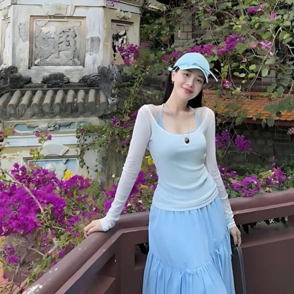 Set đồ nữ 3 món áo thun giấy tay dài có áo lót trong phối chân váy đũi xoè vân mây xinh xắn dành cho nàng diện đi chơi - Hình ảnh 2