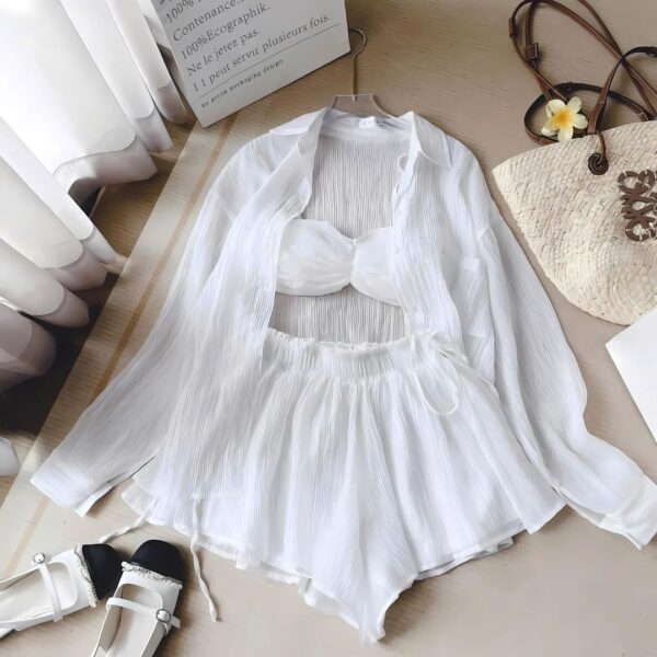 Set đồ nữ 3 món chất liệu tơ dập áo bra có mút kèm chân váy ngắn xoè xếp ly có lót quần phối áo khoác tay dài xinh xắn dành cho nàng diện đi chơi - Hình ảnh 2