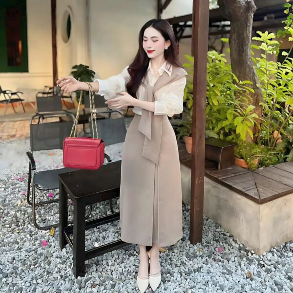 Set đồ nữ áo lụa tay dài phối chân váy kaki form dáng dài đính cúc kèm khăn choàng siêu xinh dành cho nàng diện đi chơi, đi tiệc - Hình ảnh 2