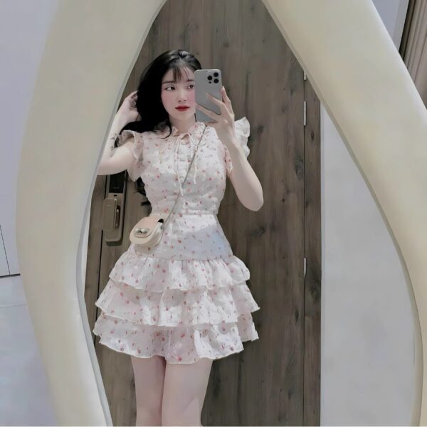 Đầm váy nữ đầm xốp hoa nút bọc phối chân váy xoè xếp ly 3 tầng có lót quần xinh xắn dành cho nành diện đi chơi - Hình ảnh 3