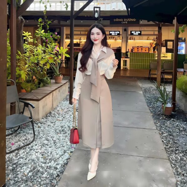Set đồ nữ áo lụa tay dài phối chân váy kaki form dáng dài đính cúc kèm khăn choàng siêu xinh dành cho nàng diện đi chơi, đi tiệc - Hình ảnh 3