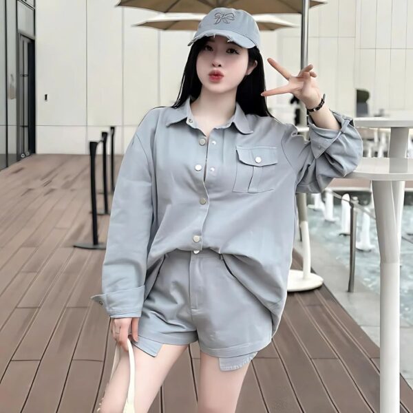 Set đồ nữ cotton lạnh áo sơ mi cúc bấm kèm quần đùi cá tính dành cho nàng diện đi chơi - Hình ảnh 5