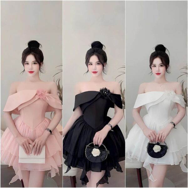 Đầm váy nữ đầm tapta trễ vai có mút phối chân váy tơ nến có lót quần kèm phụ kiện hoa xinh xắn dành cho nàng diện đi chơi, đi tiệc - Hình ảnh 5