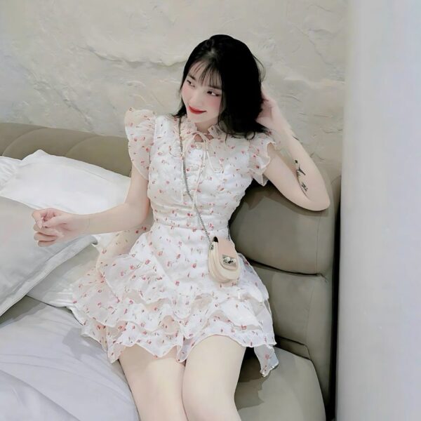 Đầm váy nữ đầm xốp hoa nút bọc phối chân váy xoè xếp ly 3 tầng có lót quần xinh xắn dành cho nành diện đi chơi - Hình ảnh 5