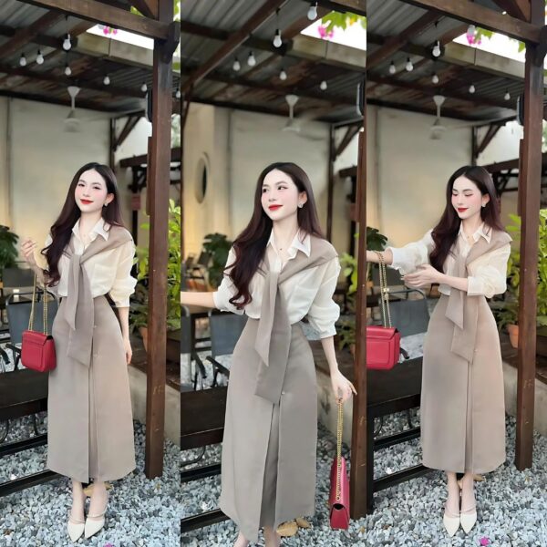 Set đồ nữ áo lụa tay dài phối chân váy kaki form dáng dài đính cúc kèm khăn choàng siêu xinh dành cho nàng diện đi chơi, đi tiệc - Hình ảnh 5