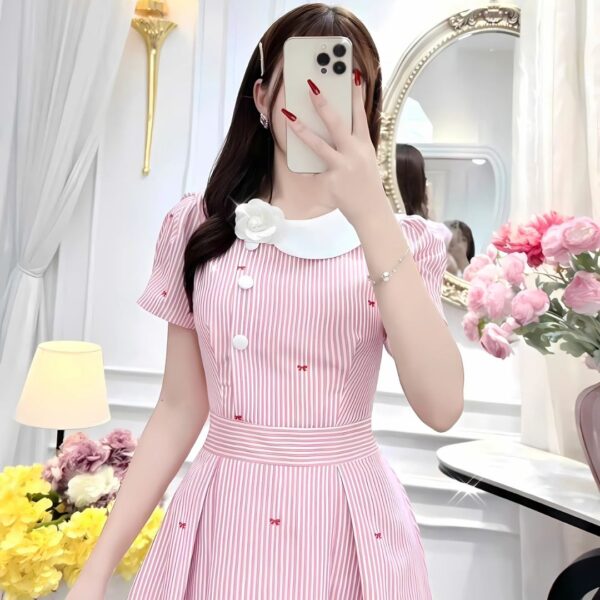 Đầm váy nữ chất kate áo tay ngắn cổ tiểu thư chân váy dài xoè xếp ly xinh xắn dành cho nàng diện đi chơi - Hình ảnh 8