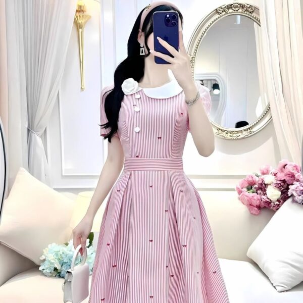 Đầm váy nữ chất kate áo tay ngắn cổ tiểu thư chân váy dài xoè xếp ly xinh xắn dành cho nàng diện đi chơi - Hình ảnh 9
