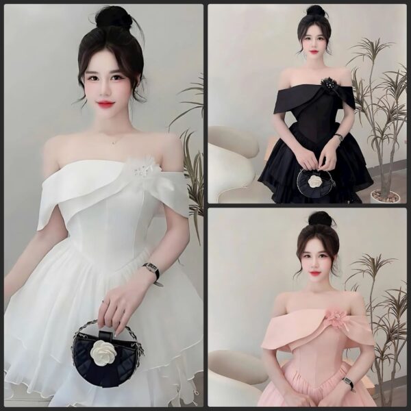 Đầm váy nữ đầm tapta trễ vai có mút phối chân váy tơ nến có lót quần kèm phụ kiện hoa xinh xắn dành cho nàng diện đi chơi, đi tiệc