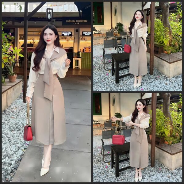 Set đồ nữ áo lụa tay dài phối chân váy kaki form dáng dài đính cúc kèm khăn choàng siêu xinh dành cho nàng diện đi chơi, đi tiệc