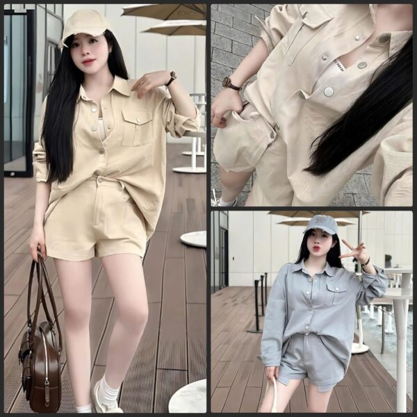 Set đồ nữ cotton lạnh áo sơ mi cúc bấm kèm quần đùi cá tính dành cho nàng diện đi chơi