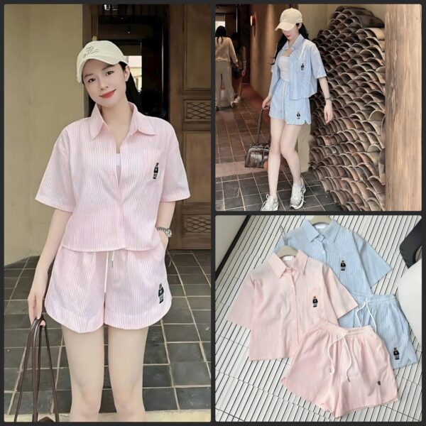 Set đồ nữ sọc thêu gấu áo sơ mi có 1 túi kèm quần đùi dây rút co giãn xinh xắn dành cho nàng diện đi chơi, đi biển